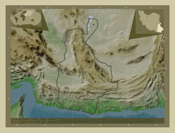 锡斯坦和俾路支斯坦省 用Wiki风格绘制的带有湖泊和河流的高程地图 该区域主要城市的所在地点 角辅助位置图 — 图库照片