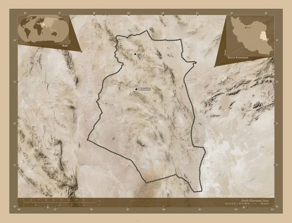 イランの南ホラサン州 低解像度衛星地図 地域の主要都市の位置と名前 コーナー補助位置図 — ストック写真