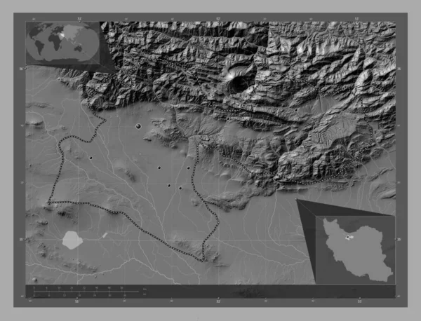 德黑兰 伊朗省 带湖泊和河流的比尔维尔高程图 该区域主要城市的所在地点 角辅助位置图 — 图库照片