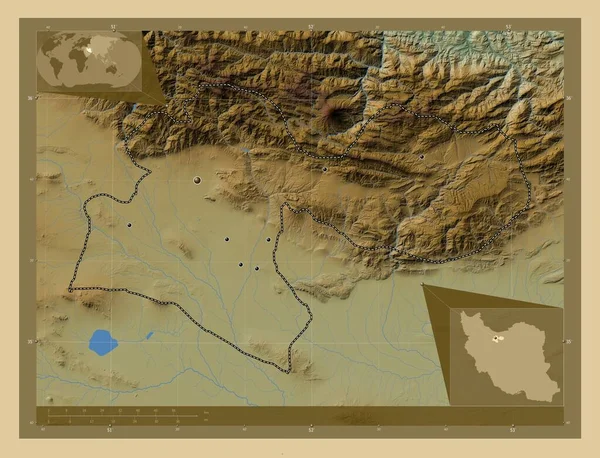 イラン イランの州 湖や川と色の標高マップ 地域の主要都市の場所 コーナー補助位置図 — ストック写真