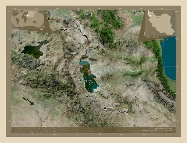 伊朗西阿扎里安省 高分辨率卫星地图 该区域主要城市的地点和名称 角辅助位置图 — 图库照片