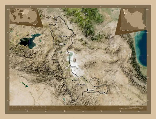 伊朗西阿扎里安省 低分辨率卫星地图 该区域主要城市的地点和名称 角辅助位置图 — 图库照片
