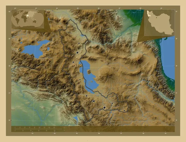 西アゼルバイジャン イランの州 湖や川と色の標高マップ 地域の主要都市の場所 コーナー補助位置図 — ストック写真