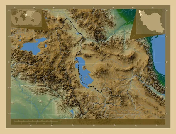 Западный Азарбаян Провинция Иран Цветная Карта Высоты Озерами Реками Вспомогательные — стоковое фото