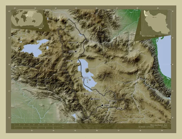 西アゼルバイジャン イランの州 湖や川とWikiスタイルで着色された標高マップ 地域の主要都市の位置と名前 コーナー補助位置図 — ストック写真