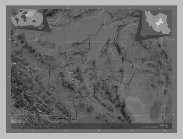 Yazd 伊朗省 带有湖泊和河流的灰度高程图 该区域主要城市的地点和名称 角辅助位置图 — 图库照片