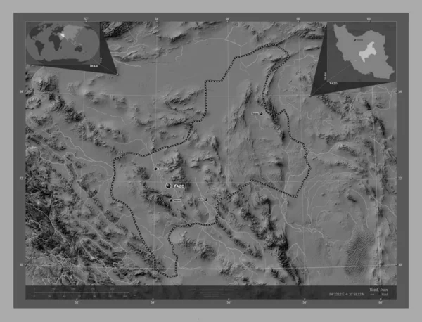 Yazd Provincie Iran Hoogteplattegrond Met Meren Rivieren Locaties Namen Van — Stockfoto