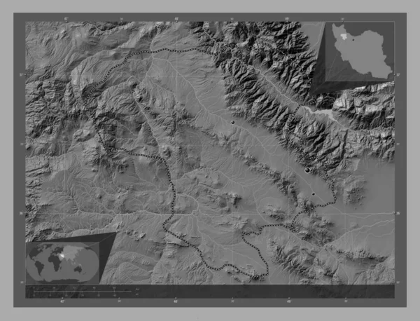 Zanjan Prowincja Iranu Dwupoziomowa Mapa Jeziorami Rzekami Lokalizacje Dużych Miast — Zdjęcie stockowe