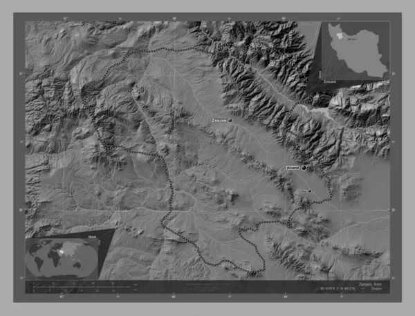 Zanjan Provincie Iran Hoogteplattegrond Met Meren Rivieren Locaties Namen Van — Stockfoto
