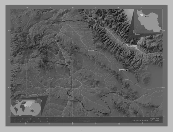 Zanjan Provincia Dell Iran Mappa Elevazione Scala Grigi Con Laghi — Foto Stock