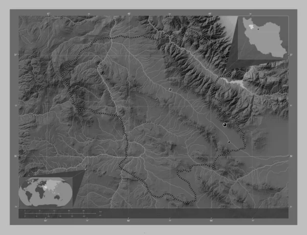 Zanjan Irán Tartomány Szürkeárnyas Térkép Tavakkal Folyókkal Régió Nagyvárosainak Elhelyezkedése — Stock Fotó