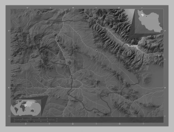 Zanjan Province Iran 带有湖泊和河流的灰度高程图 角辅助位置图 — 图库照片
