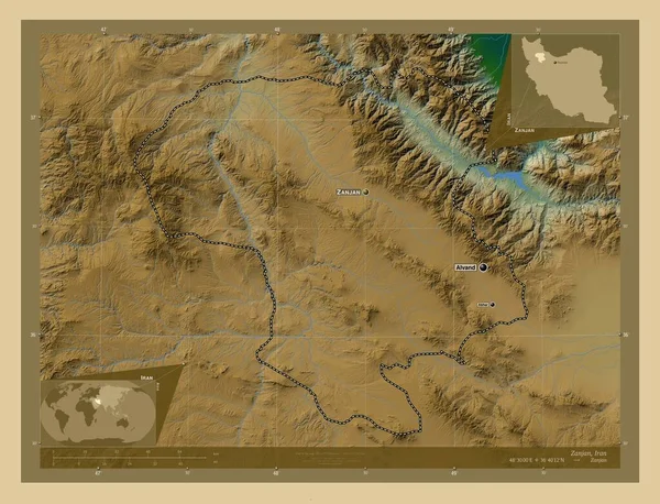 イランのザニャン州 湖や川と色の標高マップ 地域の主要都市の位置と名前 コーナー補助位置図 — ストック写真