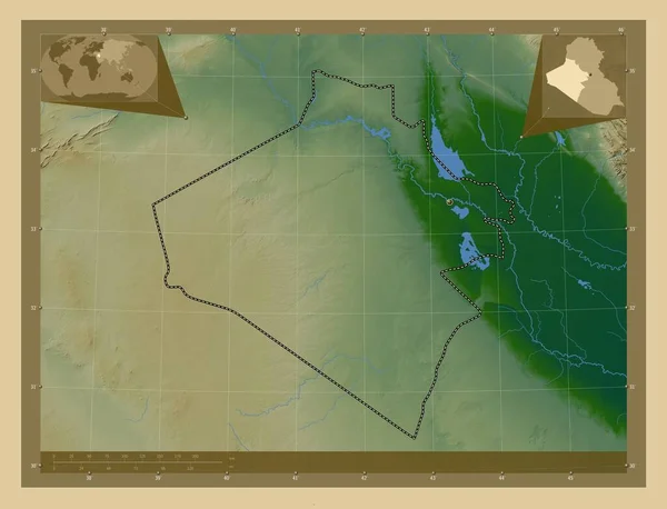 Anbar 伊拉克省 有湖泊和河流的彩色高程图 角辅助位置图 — 图库照片