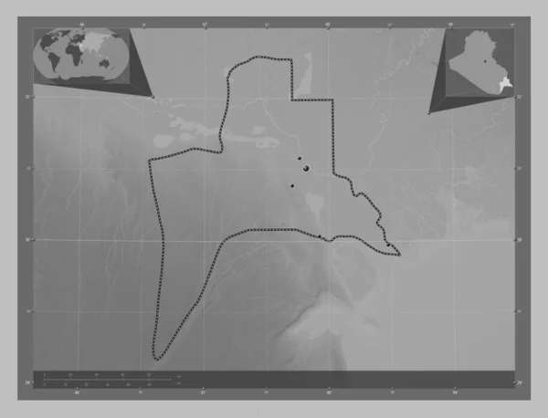 Basrah Province Iraq Grayscale Elevation Map Lakes Rivers Locations Major — Stock Photo, Image