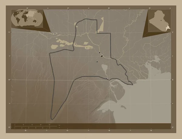 Basrah Provincia Iraq Mapa Elevación Coloreado Tonos Sepia Con Lagos —  Fotos de Stock