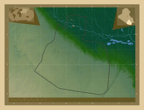 Muthannia Provincia Iraq Mapa Elevación Colores Con Lagos Ríos Ubicaciones —  Fotos de Stock