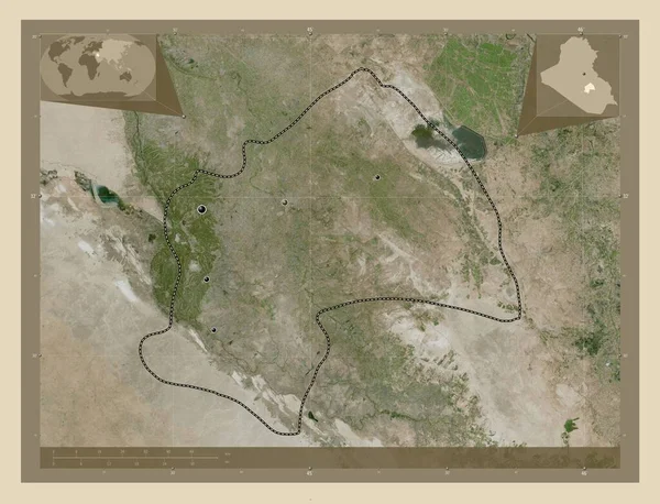 Qadisiyah 伊拉克省 高分辨率卫星地图 该区域主要城市的所在地点 角辅助位置图 — 图库照片