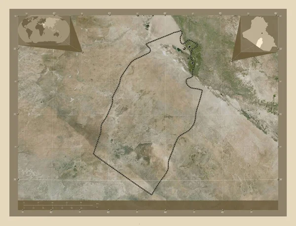 イラク ナジャフ州出身 高解像度衛星地図 地域の主要都市の場所 コーナー補助位置図 — ストック写真