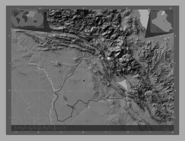 埃尔比勒 伊拉克省 带湖泊和河流的比尔维尔高程图 该区域主要城市的所在地点 角辅助位置图 — 图库照片