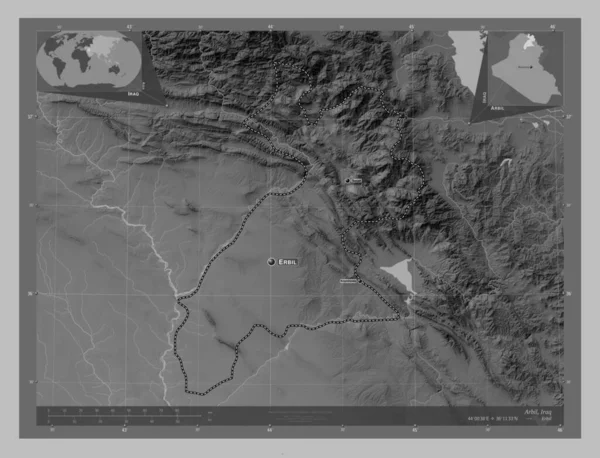 Arbil Provincia Iraq Mapa Elevación Escala Grises Con Lagos Ríos — Foto de Stock