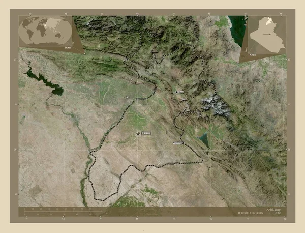 イラクの州 アルビル 高解像度衛星地図 地域の主要都市の位置と名前 コーナー補助位置図 — ストック写真