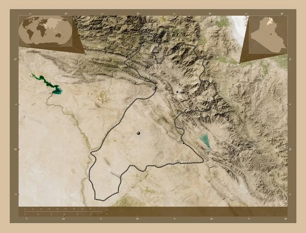 埃尔比勒 伊拉克省 低分辨率卫星地图 该区域主要城市的所在地点 角辅助位置图 — 图库照片