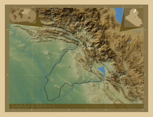 イラクの州 アルビル 湖や川と色の標高マップ 地域の主要都市の場所 コーナー補助位置図 — ストック写真