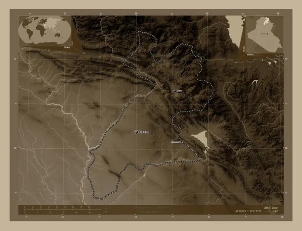 Arbil Provincia Iraq Mapa Elevación Coloreado Tonos Sepia Con Lagos — Foto de Stock