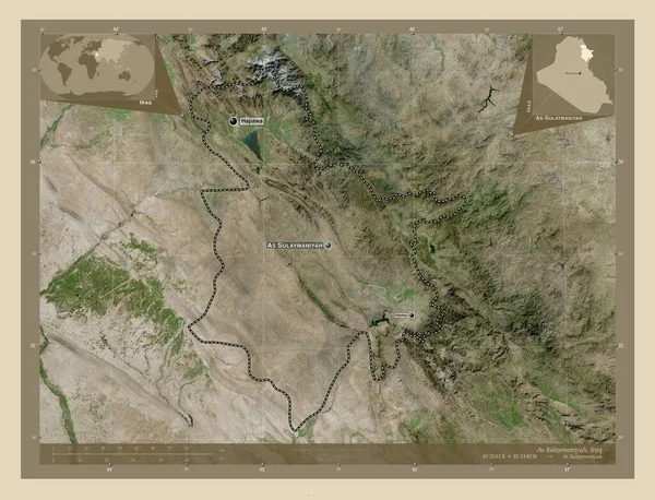 イラクの州 スラヤマニヤ 高解像度衛星地図 地域の主要都市の位置と名前 コーナー補助位置図 — ストック写真