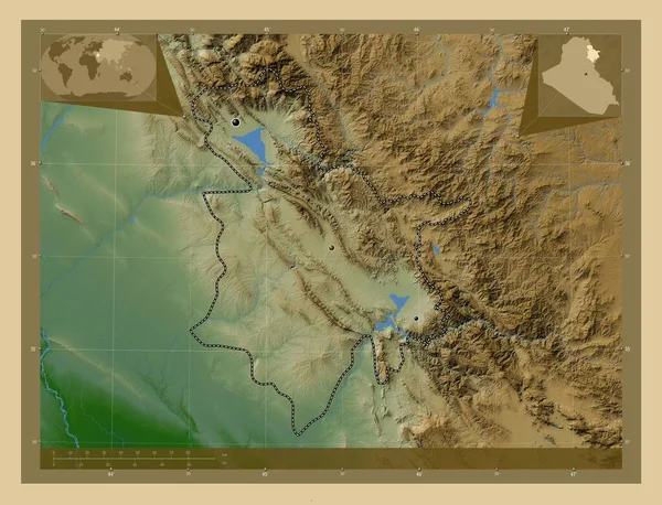 イラクの州 スラヤマニヤ 湖や川と色の標高マップ 地域の主要都市の場所 コーナー補助位置図 — ストック写真
