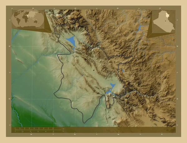 イラクの州 スラヤマニヤ 湖や川と色の標高マップ コーナー補助位置図 — ストック写真