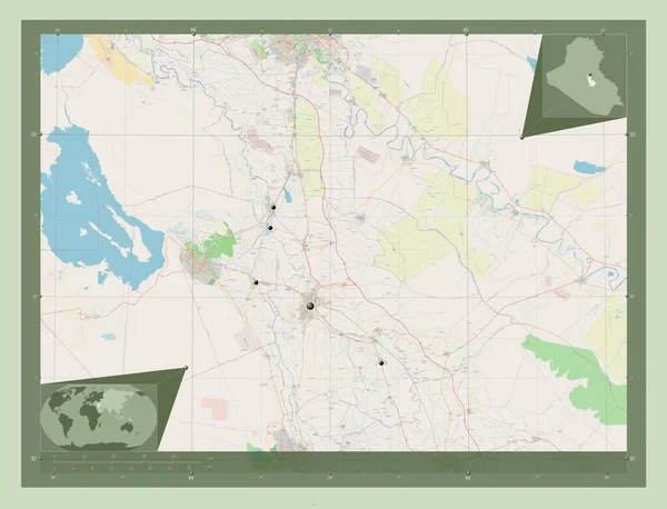 イラクの州 ベビル ストリートマップを開く 地域の主要都市の場所 コーナー補助位置図 — ストック写真