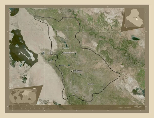 イラクの州 ベビル 高解像度衛星地図 地域の主要都市の位置と名前 コーナー補助位置図 — ストック写真
