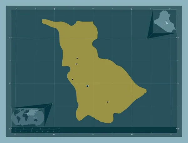 Babil 伊拉克省 固体的颜色形状 该区域主要城市的所在地点 角辅助位置图 — 图库照片