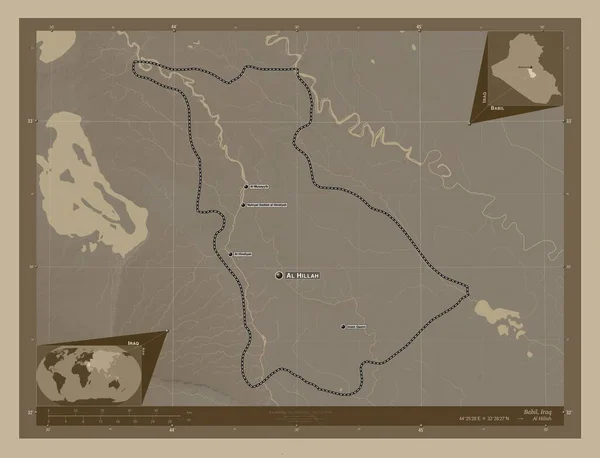 Babil Province Iraq Elevation Map Colored Sepia Tones Lakes Rivers — Stock Photo, Image