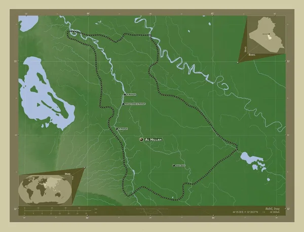 Babil 伊拉克省 用Wiki风格绘制的带有湖泊和河流的高程地图 该区域主要城市的地点和名称 角辅助位置图 — 图库照片