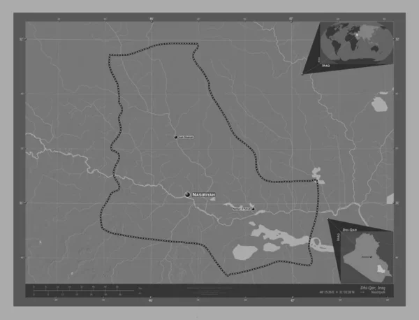 イラクの州 ハイカー 湖や川と二階の標高マップ 地域の主要都市の位置と名前 コーナー補助位置図 — ストック写真