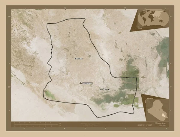 イラクの州 ハイカー 低解像度衛星地図 地域の主要都市の位置と名前 コーナー補助位置図 — ストック写真