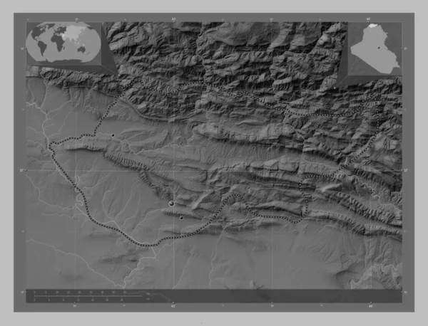 Dihok Provincie Irak Grayscale Hoogte Kaart Met Meren Rivieren Locaties — Stockfoto