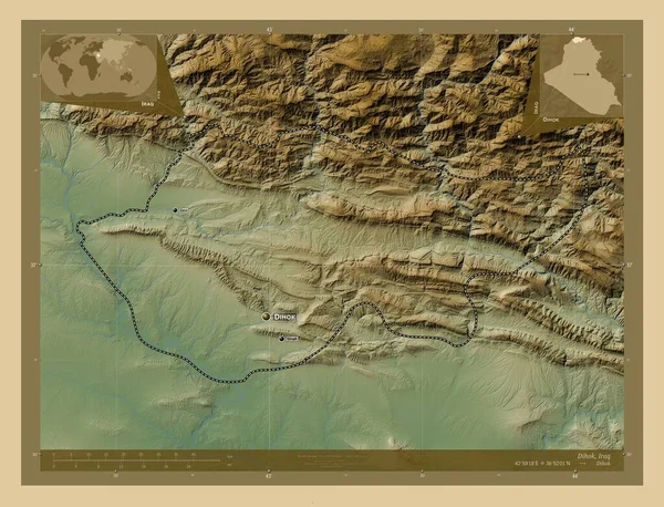 Dihok Provincia Iraq Mapa Elevación Colores Con Lagos Ríos Ubicaciones — Foto de Stock