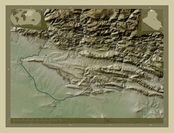 迪霍克 伊拉克省 用Wiki风格绘制的带有湖泊和河流的高程地图 该区域主要城市的所在地点 角辅助位置图 — 图库照片