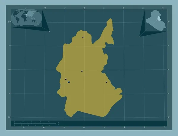 イラクの州 ディヤラ しっかりした色の形 地域の主要都市の場所 コーナー補助位置図 — ストック写真