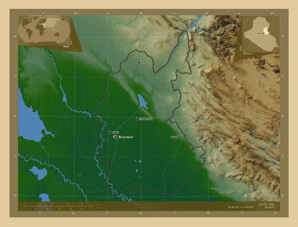 イラクの州 ディヤラ 湖や川と色の標高マップ 地域の主要都市の位置と名前 コーナー補助位置図 — ストック写真