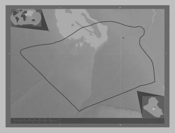 Karbala Province Iraq Grayscale Elevation Map Lakes Rivers Corner Auxiliary — Stock Photo, Image