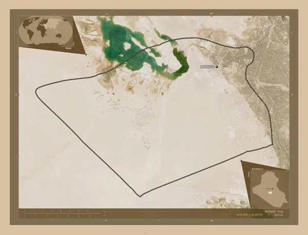 Karbala 伊拉克省 低分辨率卫星地图 该区域主要城市的地点和名称 角辅助位置图 — 图库照片