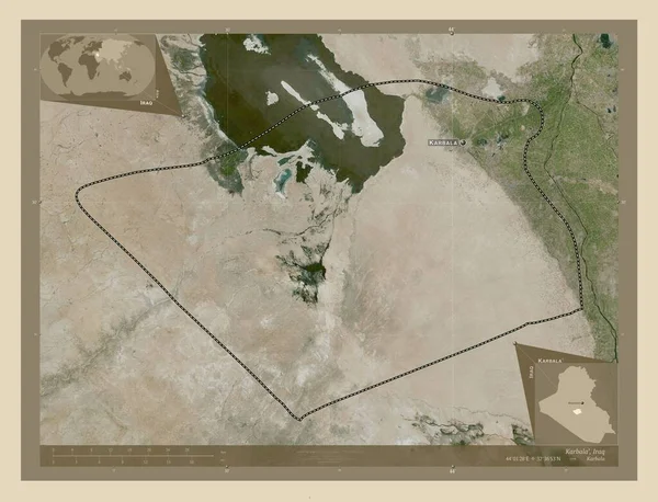 イラクの州 カルバラ 高解像度衛星地図 地域の主要都市の位置と名前 コーナー補助位置図 — ストック写真