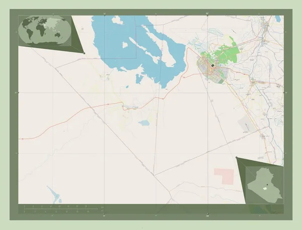 イラクの州 カルバラ ストリートマップを開く 地域の主要都市の場所 コーナー補助位置図 — ストック写真