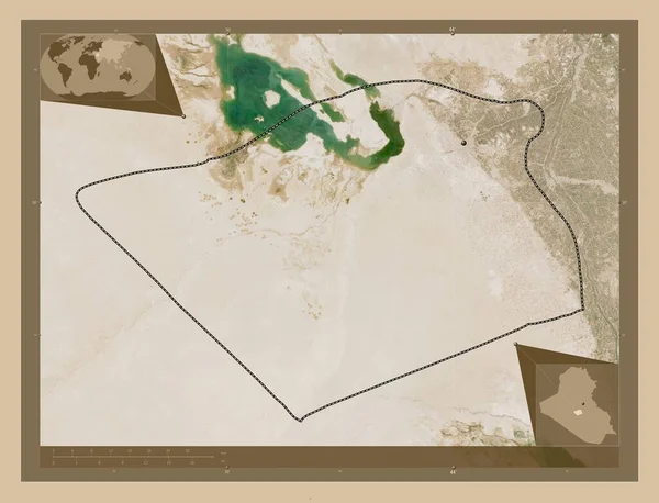 Karbala 伊拉克省 低分辨率卫星地图 该区域主要城市的所在地点 角辅助位置图 — 图库照片