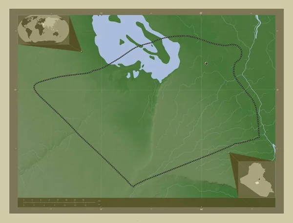 Karbala 伊拉克省 用Wiki风格绘制的带有湖泊和河流的高程地图 角辅助位置图 — 图库照片